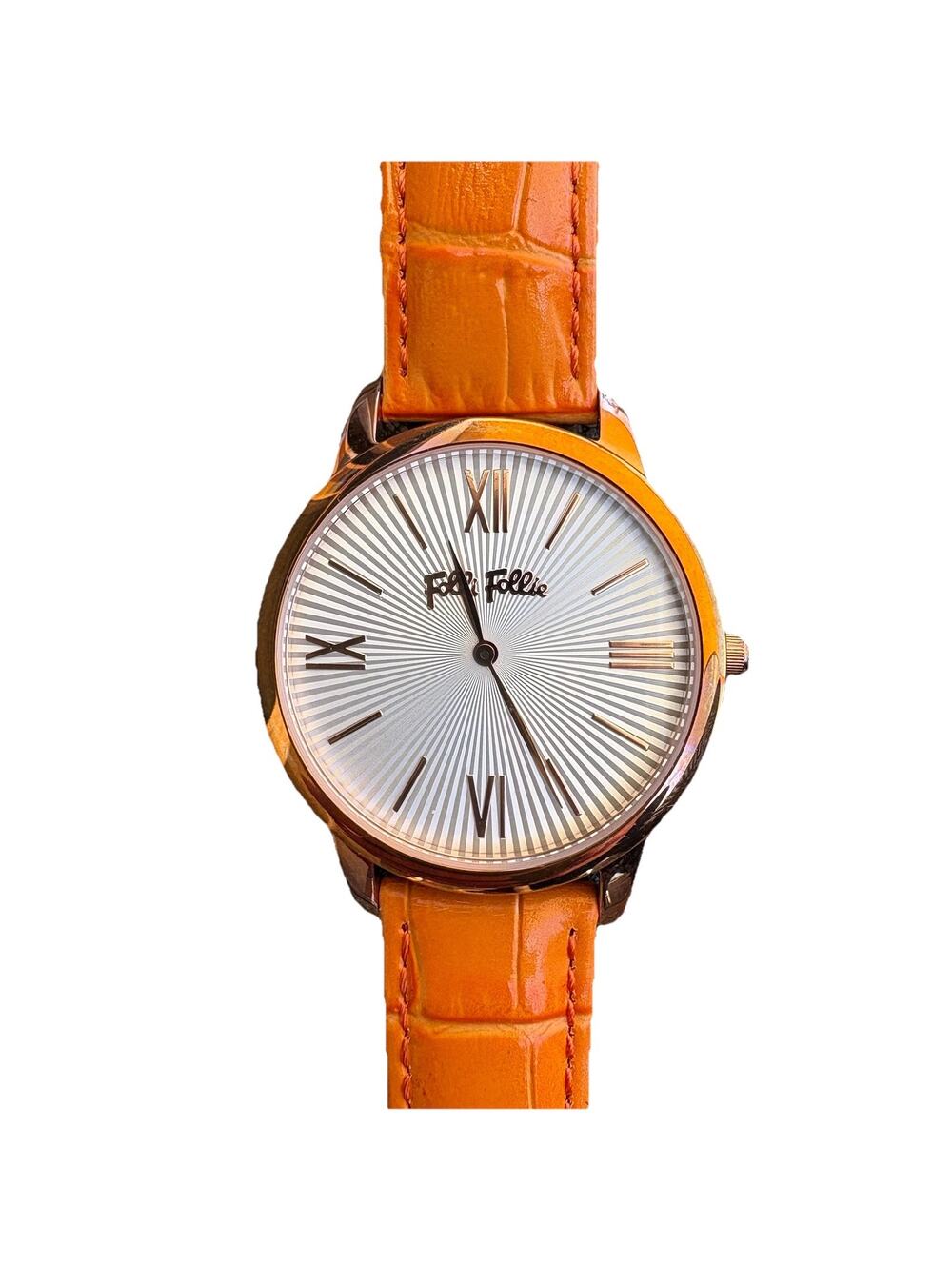 Folli Follie Watch Orange Leather Band NWOT Rose Gold Face Women’s
